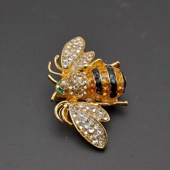 Bee Gold Plated Brooch, Insect Pin Clear Black Yellow Rhinestones Signed Ricinni - Picture 4 of 11